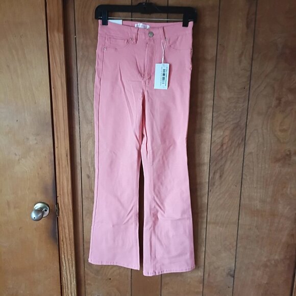 Discount Divas Women's Flamingo Pink Stretch High Rise Flare Pants Size XS NWT - Picture 1 of 5